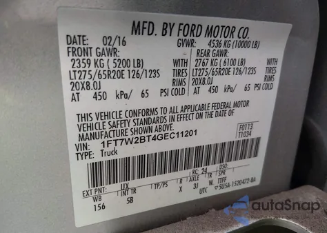 2016 Ford F-250 Lariat из США, поврежденный, VIN 1FT7W2BT4GEC11201